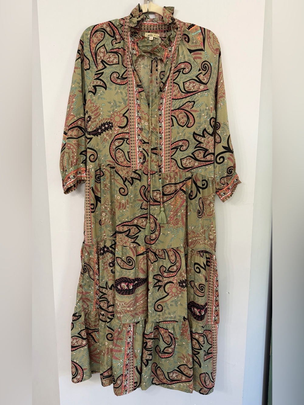 Camille & Co. Women’s Small (but loose!) Olive green paisley ruffle collar maxi